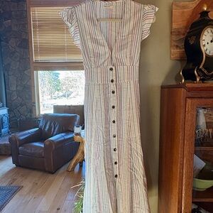 Marine Layer Striped Maxi Dress in White with Pink and Blue Accents